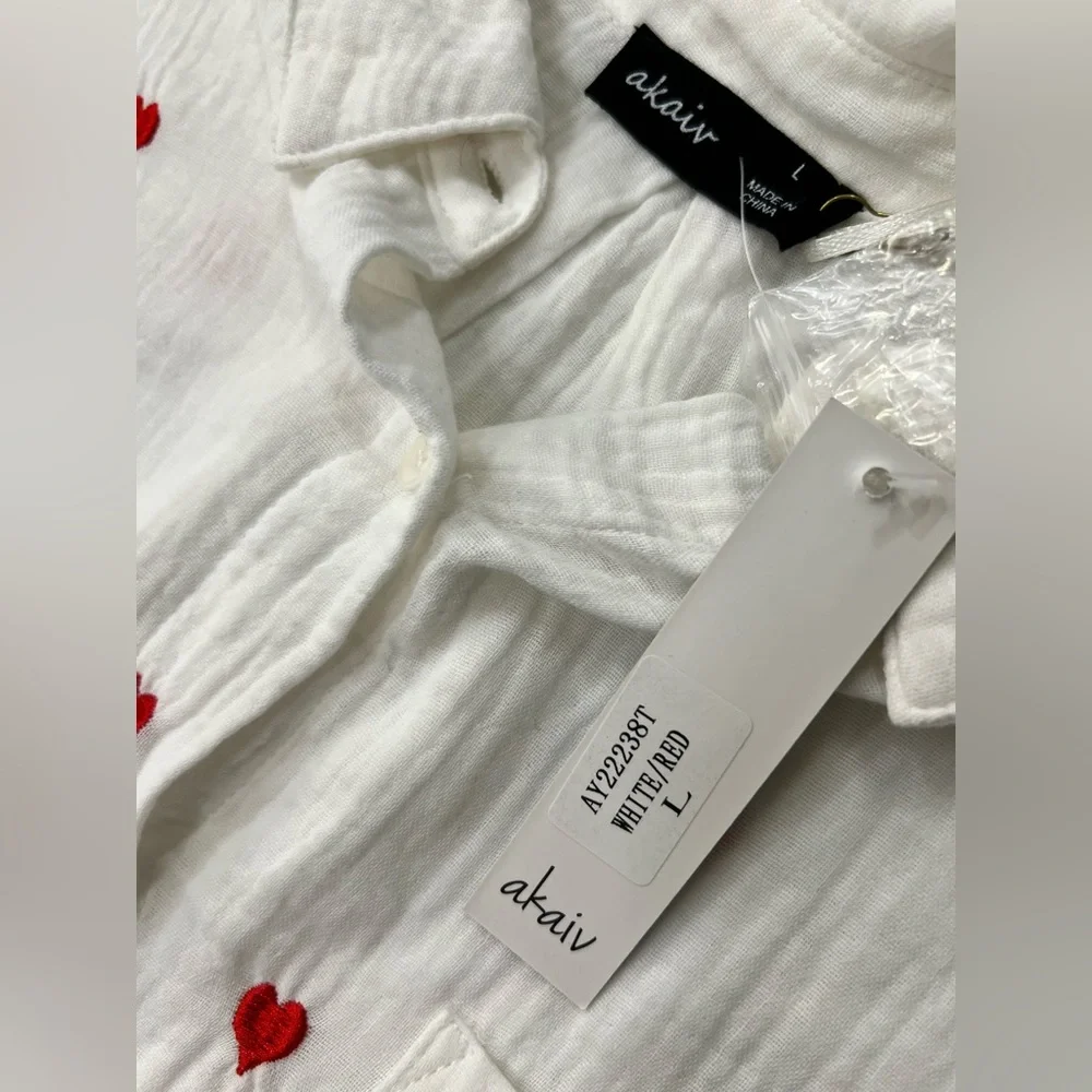 White Button-Up Shirt with Red Heart Accents - Picture 5 of 12